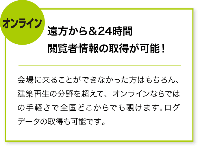 オンライン 遠方から&24時間 閲覧者情報の取得が可能! 会場に来ることができなかった方はもちろん、建築再生の分野を超えて、オンラインならではの手軽さで全国どこからでも覗けます。ログデータの取得も可能です。
